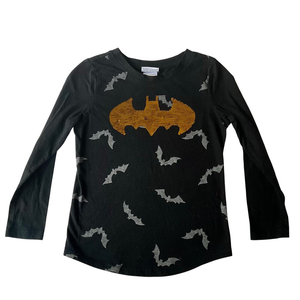 Batman Girls Tee size L (10/12) Long Sleeve reversible sequin Logo shirt Black